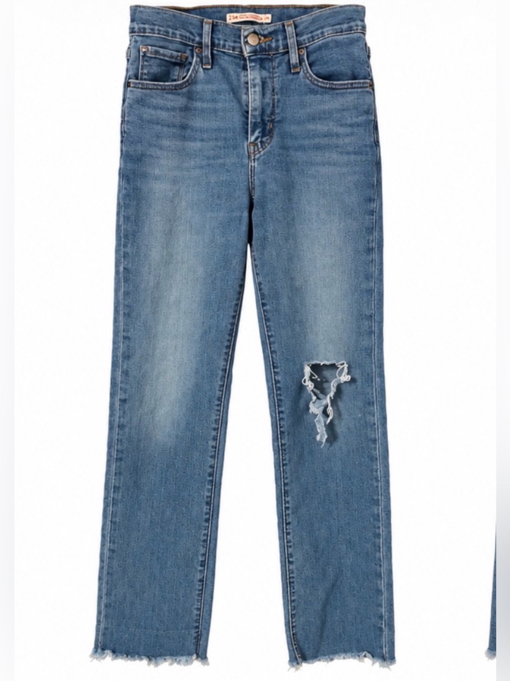 Levi's Medium Blue Straight Leg Jeans with Distressed Knee